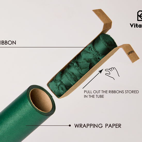 Wrapping Paper Set 17"x197" Pearly-Lustre With Silk Like Satin Ribbon & Gift Tags ( Green Paper & Green Ribbons) - Vitalizart