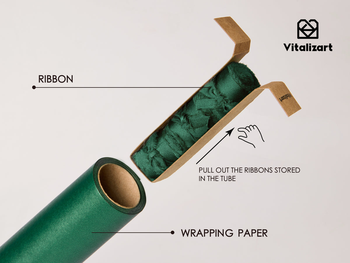 Wrapping Paper Set 17"x197" Pearly-Lustre With Silk Like Satin Ribbon & Gift Tags ( Green Paper & Green Ribbons) - Vitalizart