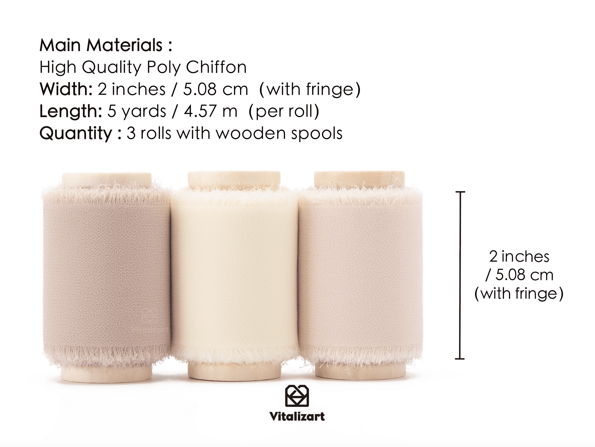 Chiffon Ribbon with Wooden Spool 2" x 15 Yd (Light Nude & White) - Vitalizart
