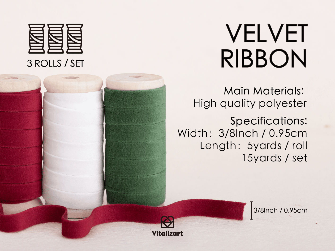 Velvet Ribbon With Wooden Spool 3/8" x 15 Yd (Red Green & White) - Vitalizart