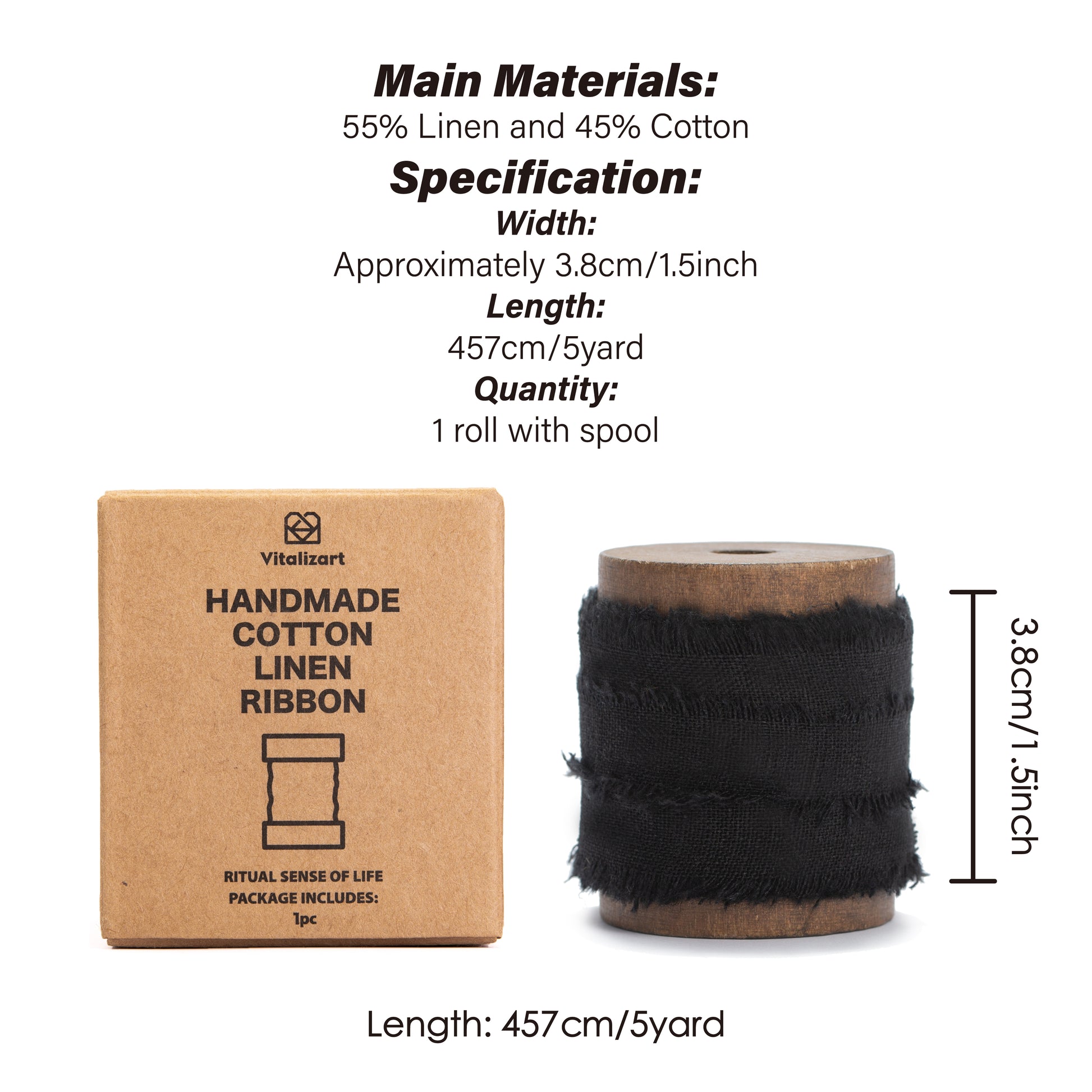 Cotton Linen Ribbon 1.5" x 5Yd (Black) - Vitalizart