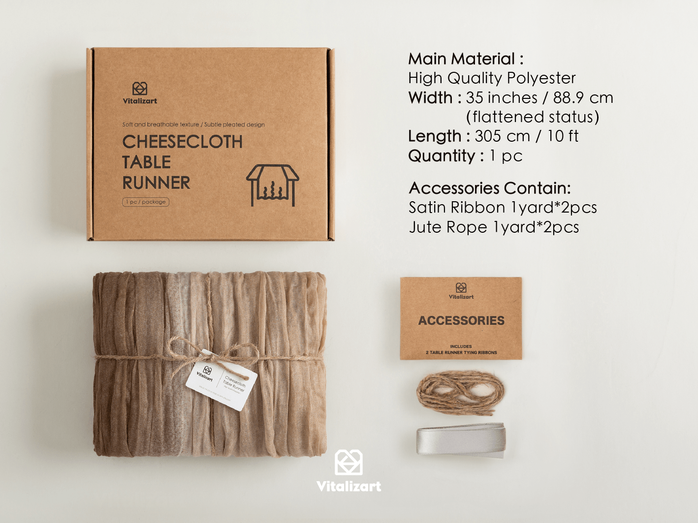 Cheesecloth Table Runner Gauze Boho Rustic 35 x 120 Inches (Nude Coffee Brown) - Vitalizart