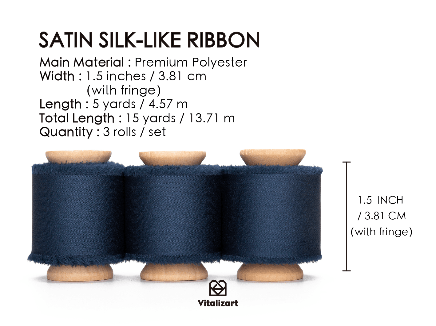 Silk Satin Ribbon with Wooden Spool 1.5" x 15 Yd (Navy Blue) - Vitalizart