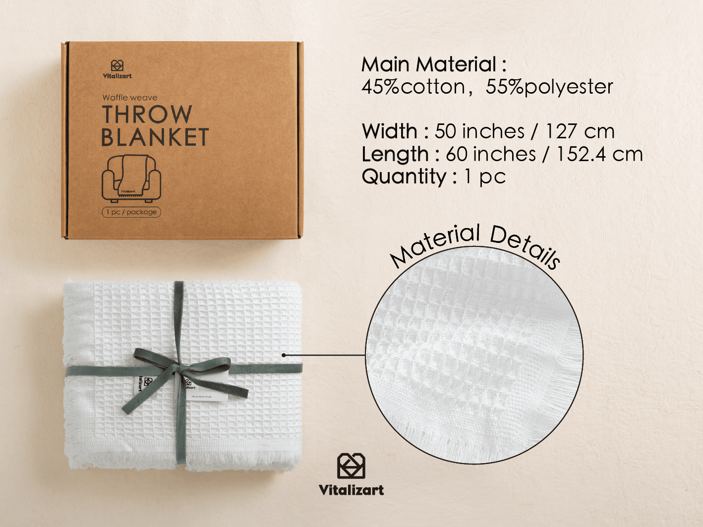 Lightweight Throw Blanket 50" x 60" (White) - Vitalizart