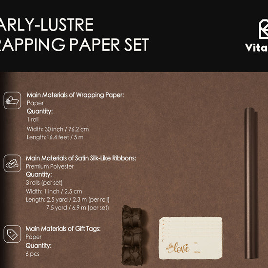 Wrapping Paper Set 17"x197" Pearly-Lustre With Silk Like Satin Ribbon & Gift Tags (Brown Paper & Brown Ribbons) - Vitalizart