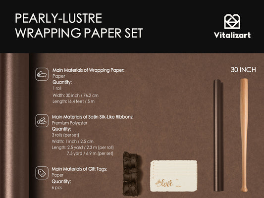 Wrapping Paper Set 17"x197" Pearly-Lustre With Silk Like Satin Ribbon & Gift Tags (Brown Paper & Brown Ribbons) - Vitalizart