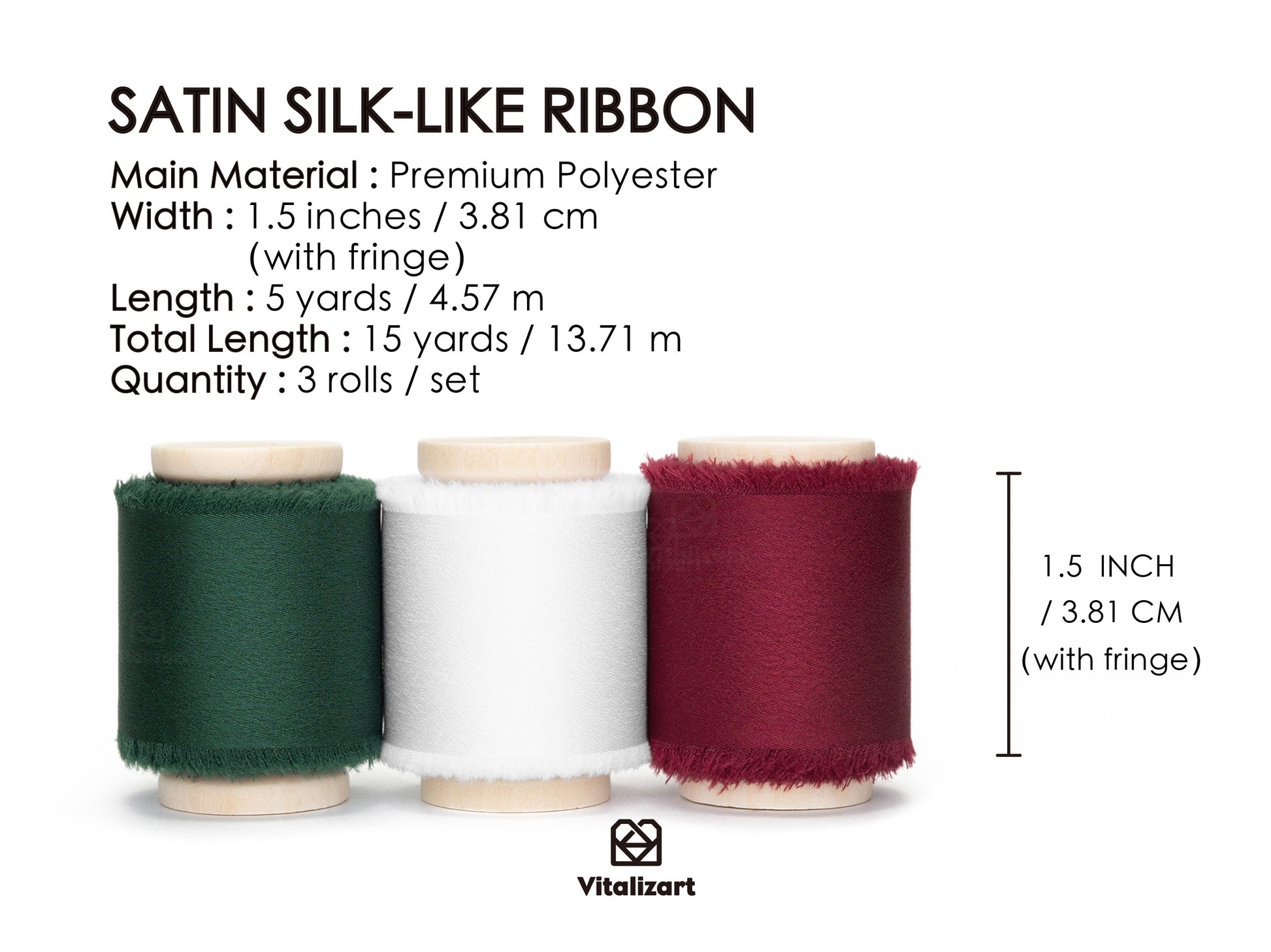 Silk Satin Ribbon with Wooden Spool 1.5" x 15 Yd (Red White Green) - Vitalizart