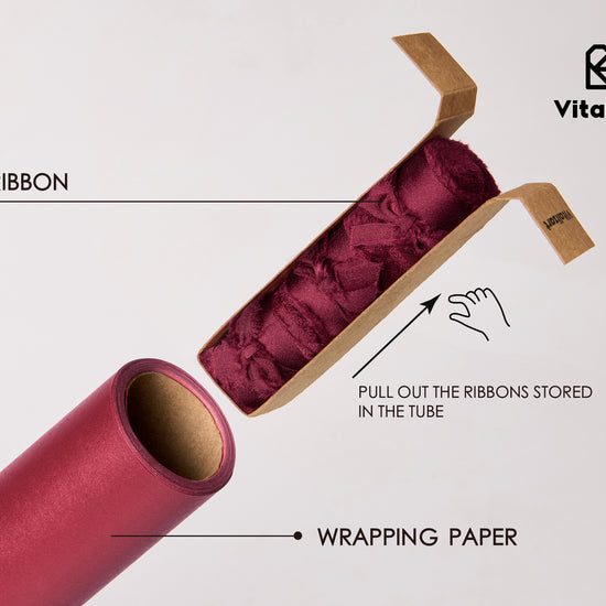 Wrapping Paper Set 17"x197" Pearly-Lustre With Silk Like Satin Ribbon & Gift Tags (Burgundy Paper & Burgundy Ribbons) - Vitalizart