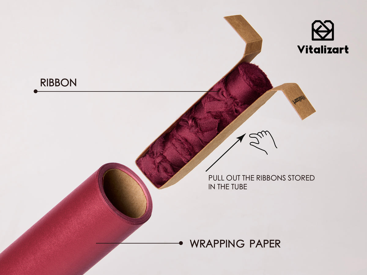 Wrapping Paper Set 17"x197" Pearly-Lustre With Silk Like Satin Ribbon & Gift Tags (Burgundy Paper & Burgundy Ribbons) - Vitalizart