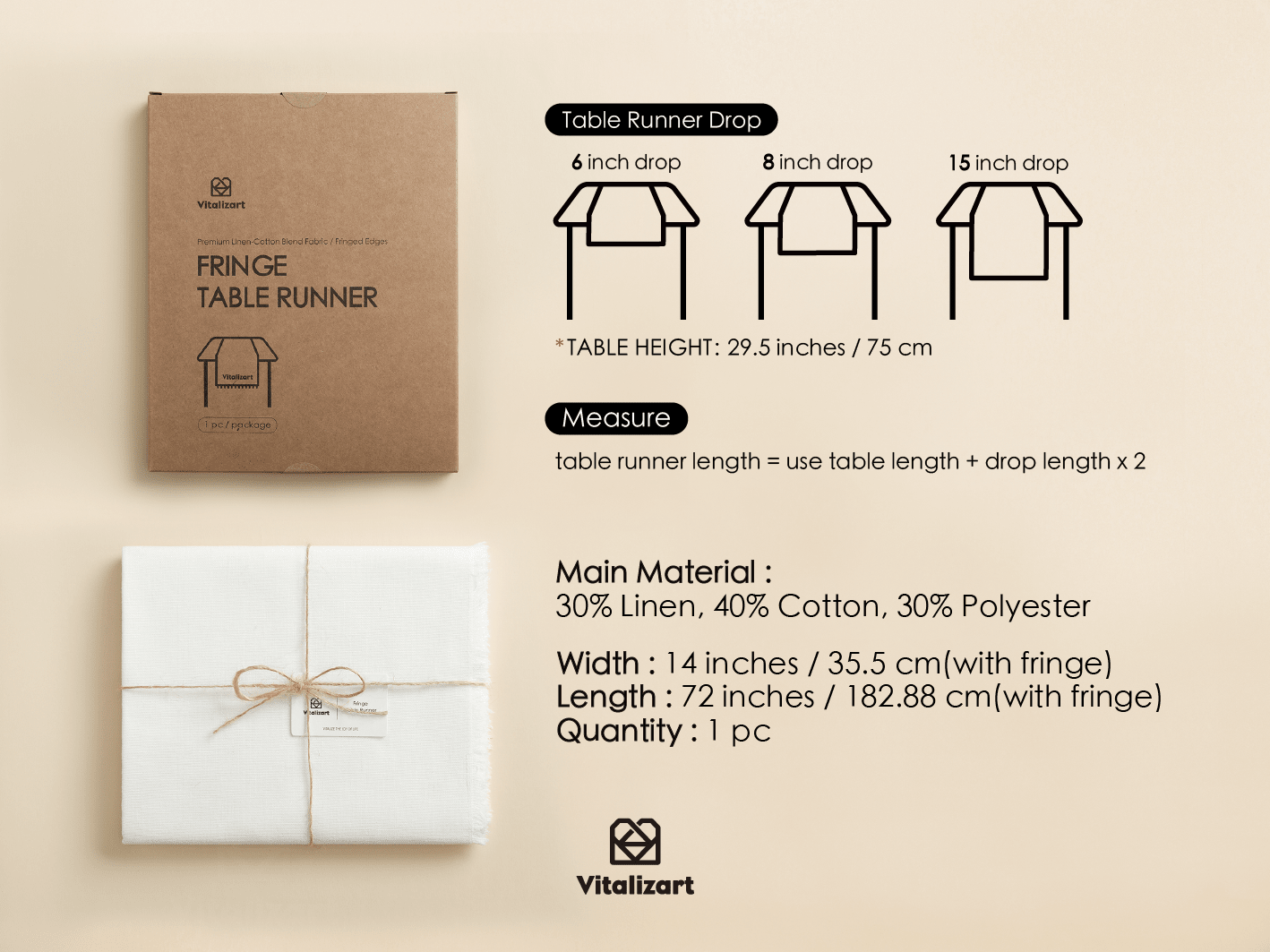 Cotton Linen Table Runner 14 x 72 Inches (Pure White) - Vitalizart