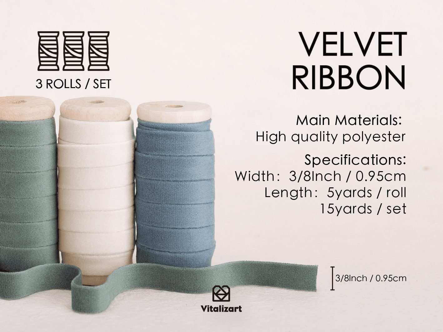Velvet Ribbon With Wooden Spool 3/8" x 15 Yd (Dusty Blue Ivory & Dusty Green) - Vitalizart