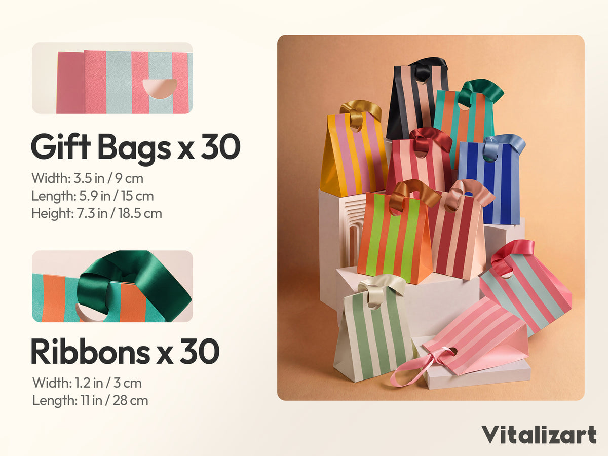 Mixed-Color Striped Paper Small Gift Bags with Ribbon Handles — Set of 30 - Vitalizart
