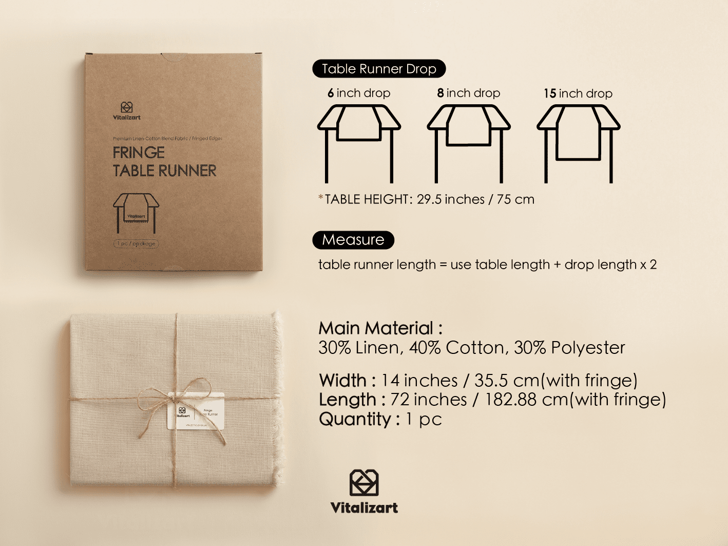 Cotton Linen Table Runner 14 x 72 Inches (Tan) - Vitalizart