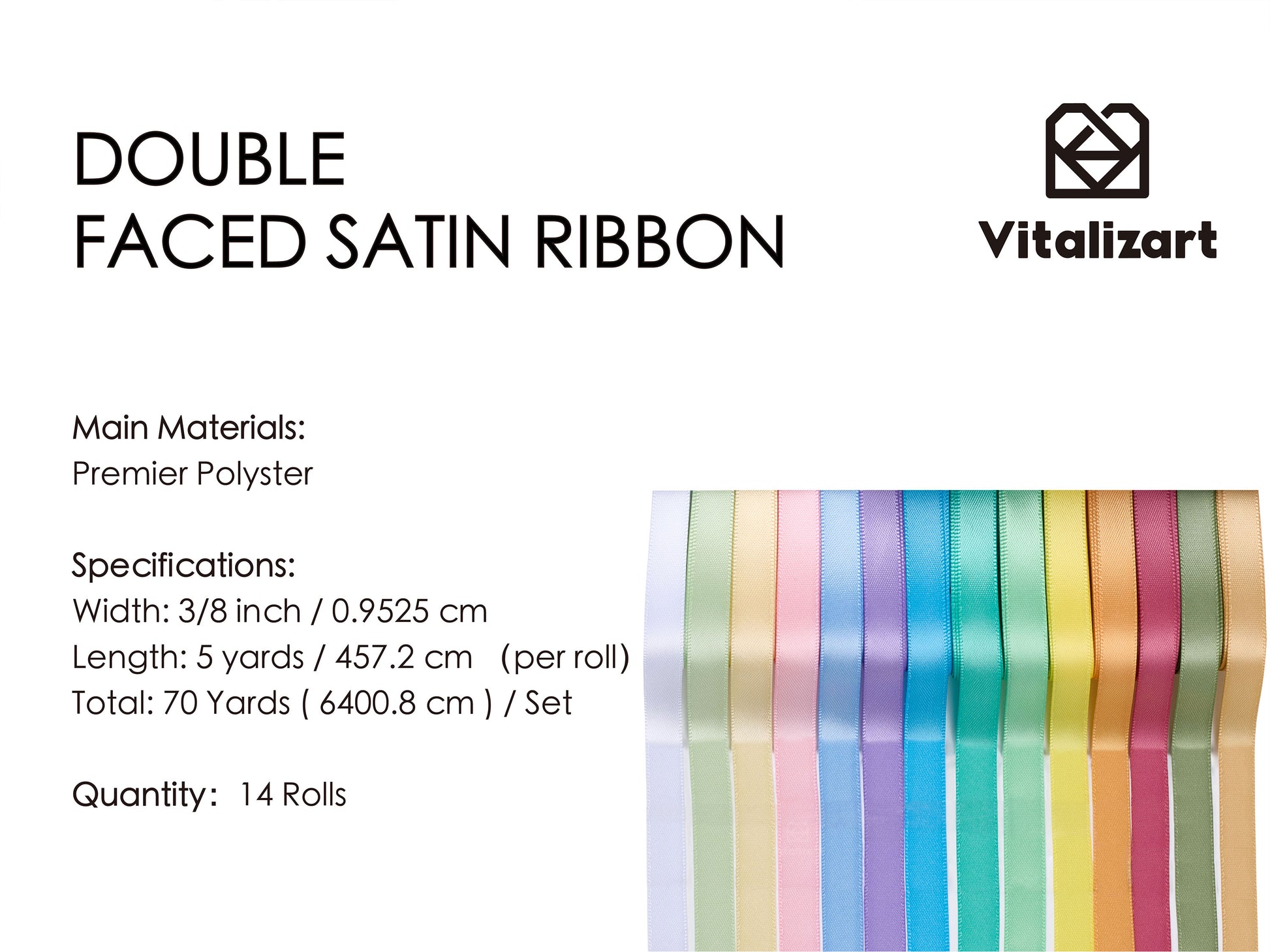 Ribbon for Crafts Double Faced Functional Satin Ribbon 3/8" x 70Yd (Pastel Ribbon) - Vitalizart
