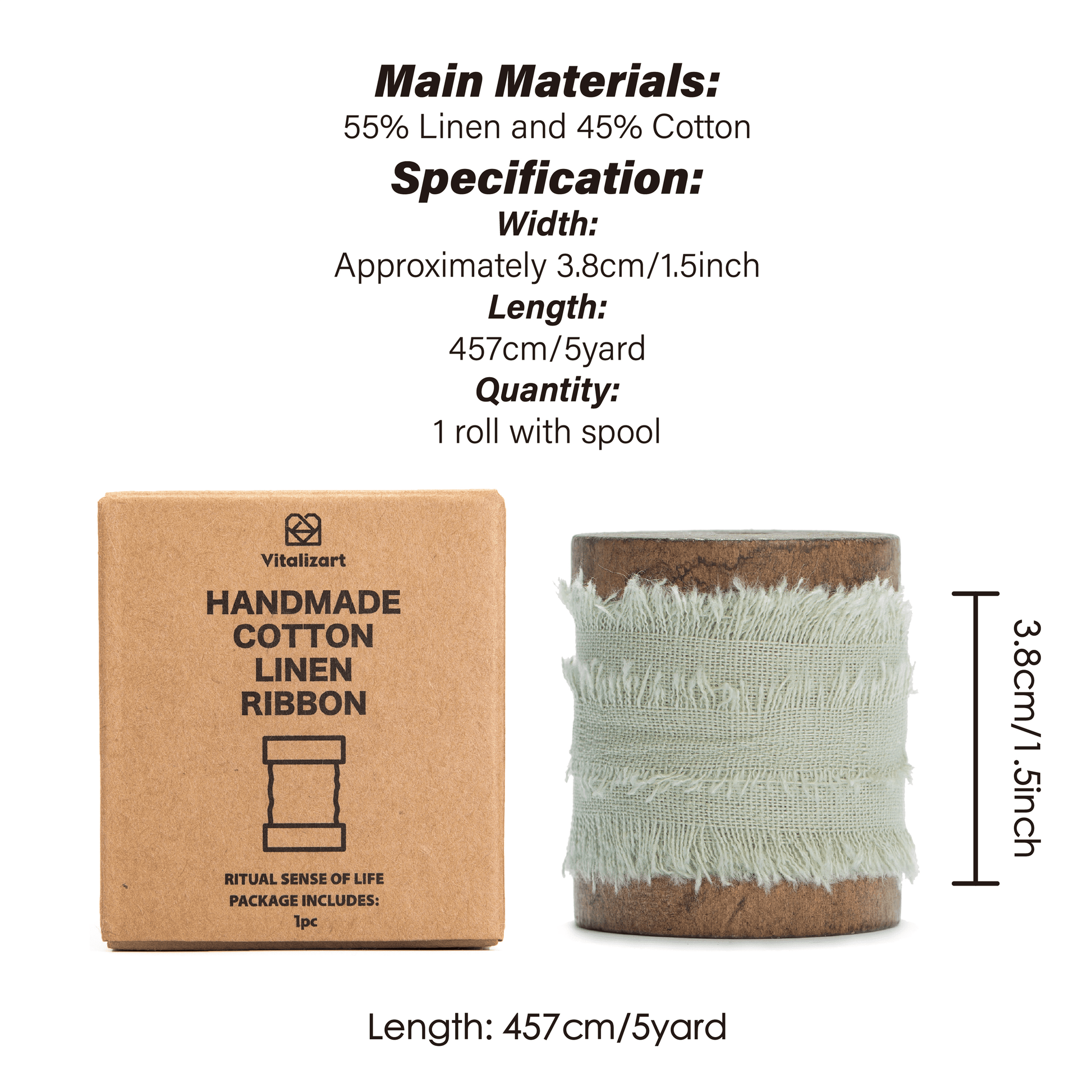 Cotton Linen Ribbon 1.5" x 5Yd (Sage Green) - Vitalizart