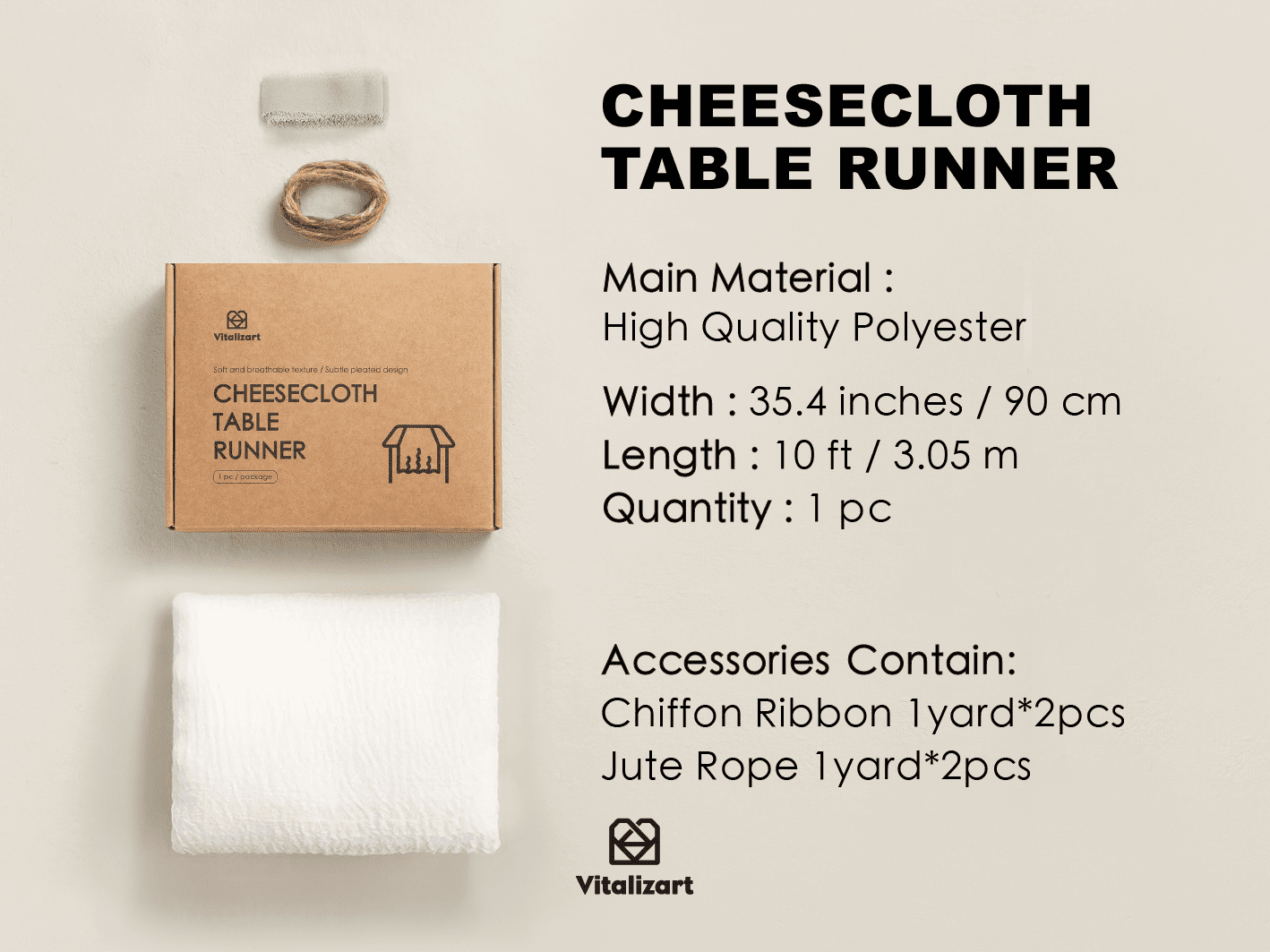Cheesecloth Table Runner 35 x 120 Inches (Off White) - Vitalizart