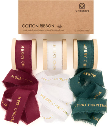 Vitalizart Ribbon Cotton Handmade Fringe 1" x 15 Yd  Pure Natural Cotton Ribbons (Merry Christmas)