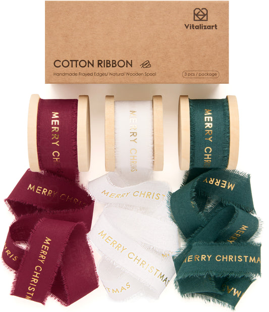 Vitalizart Ribbon Cotton Handmade Fringe 1" x 15 Yd Pure Natural Cotton Ribbons (Merry Christmas) - Vitalizart