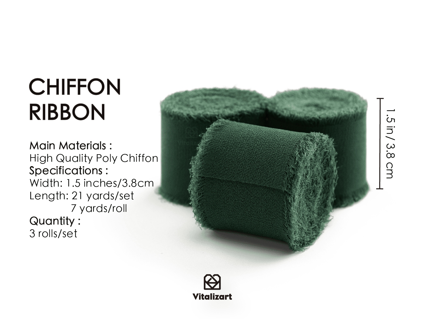 Fringe Chiffon Silk Ribbon 1.5" x 21Yd (Dark Green) - Vitalizart