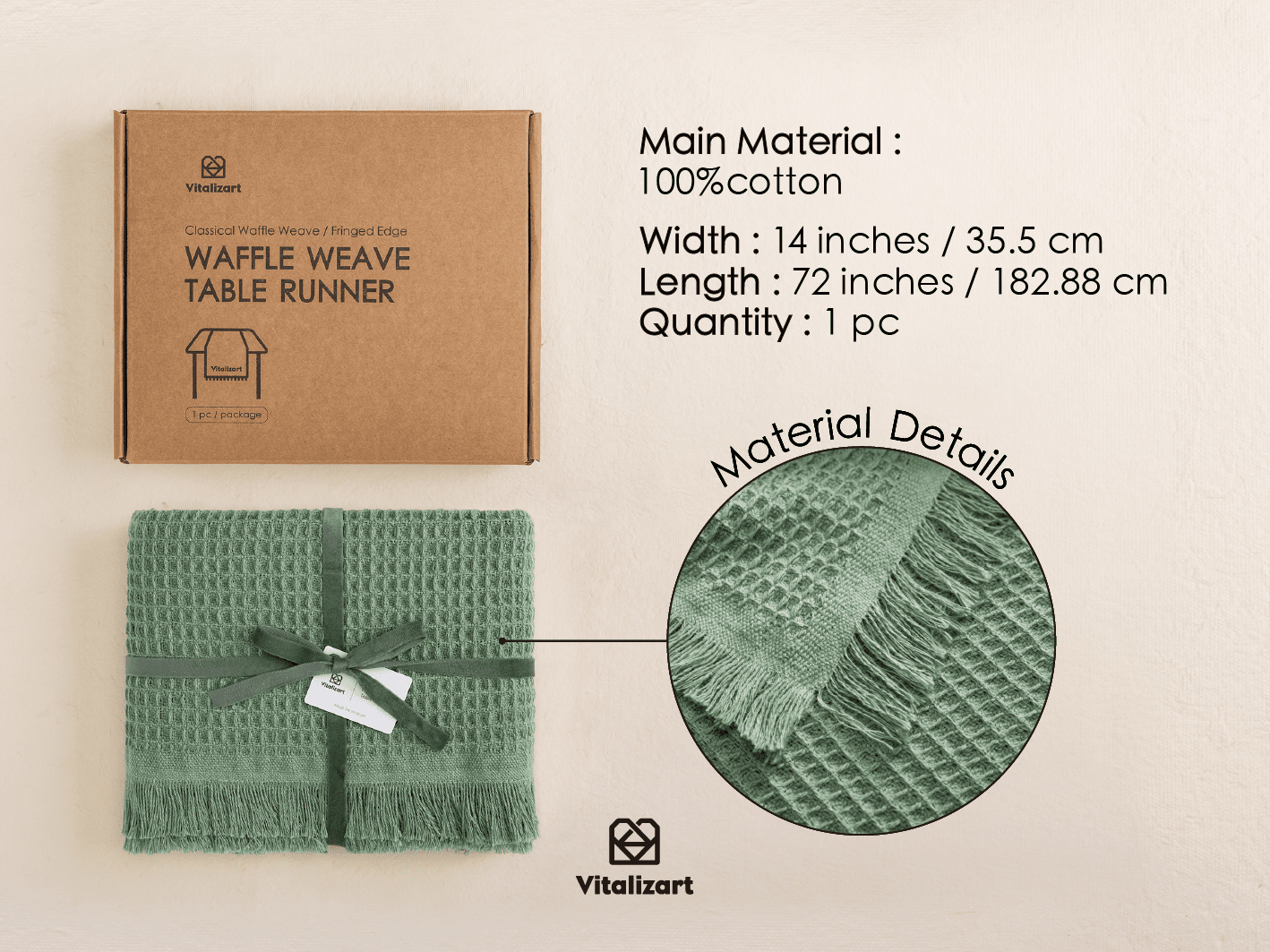 Waffle Weave Cotton Table Runner 14"x72" (Dusty Green) - Vitalizart