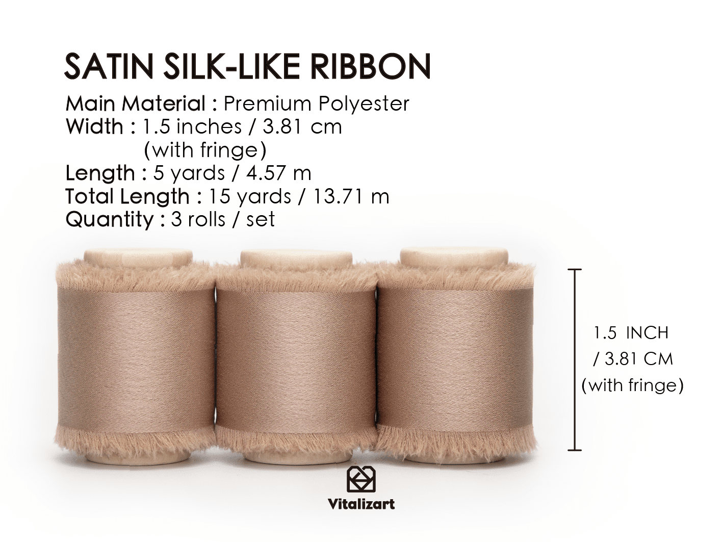 Silk Satin Ribbon with Wooden Spool 1.5” x 15 Yd (Champagne) - Vitalizart