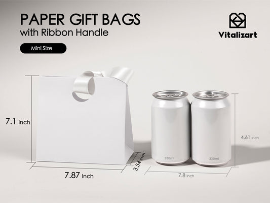 Vitalizart Paper Gift Bags With Ribbon Handles Set of 10 Black Bulk Reusable For Gift Wrap Girls Kids Birthday Bridal Shower Party Favors Goodie Bags Candy Christmas 6.1"x2.95"x5.71" Mini(Off White)