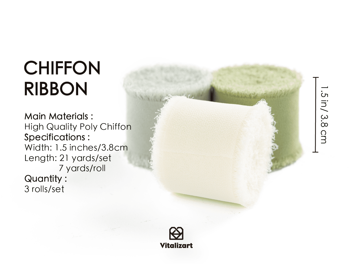 Fringe Chiffon Silk Ribbon 1 1/2 Inch x 21Yd (Green & Cream) - Vitalizart