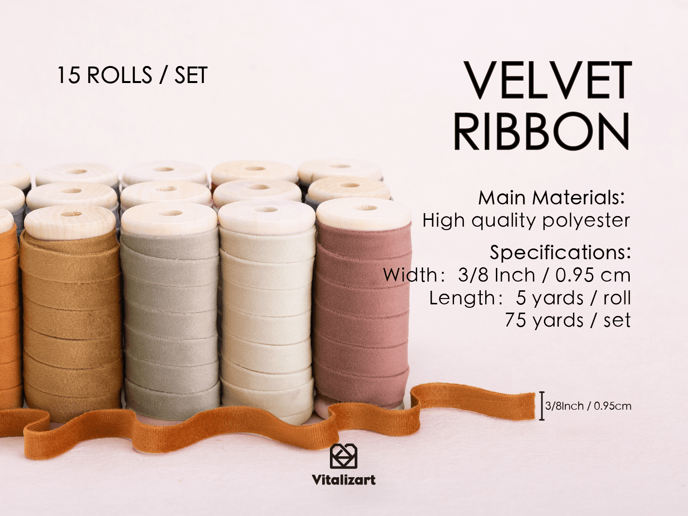 Velvet Ribbon With Wooden Spool 3/8" x 75 Yd (Mixed Color) - Vitalizart