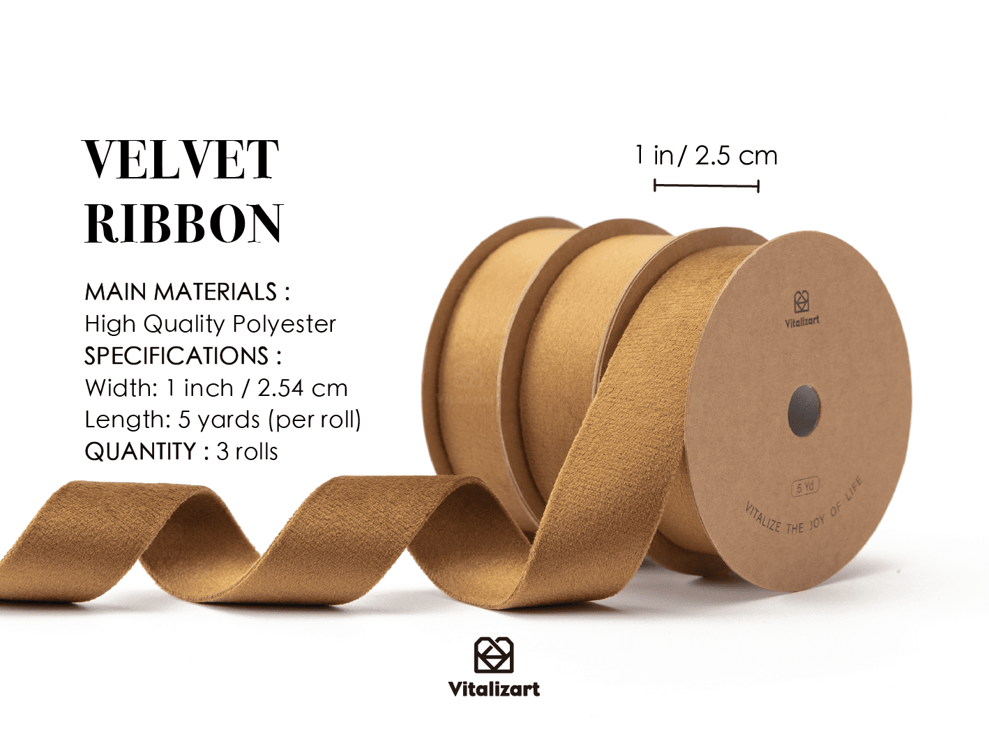 Double Faced Velvet Ribbon Set 1" x 15 Yd (Khaki) - Vitalizart