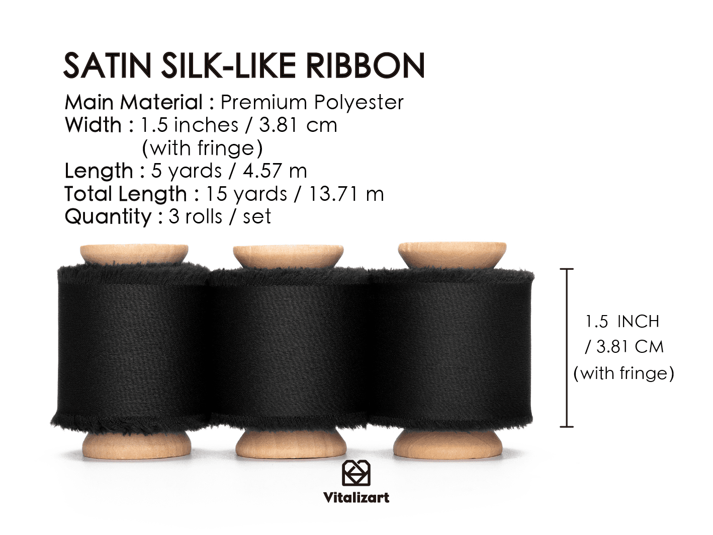 Silk Satin Ribbon with Wooden Spool 1.5” x 15 Yd (Black) - Vitalizart