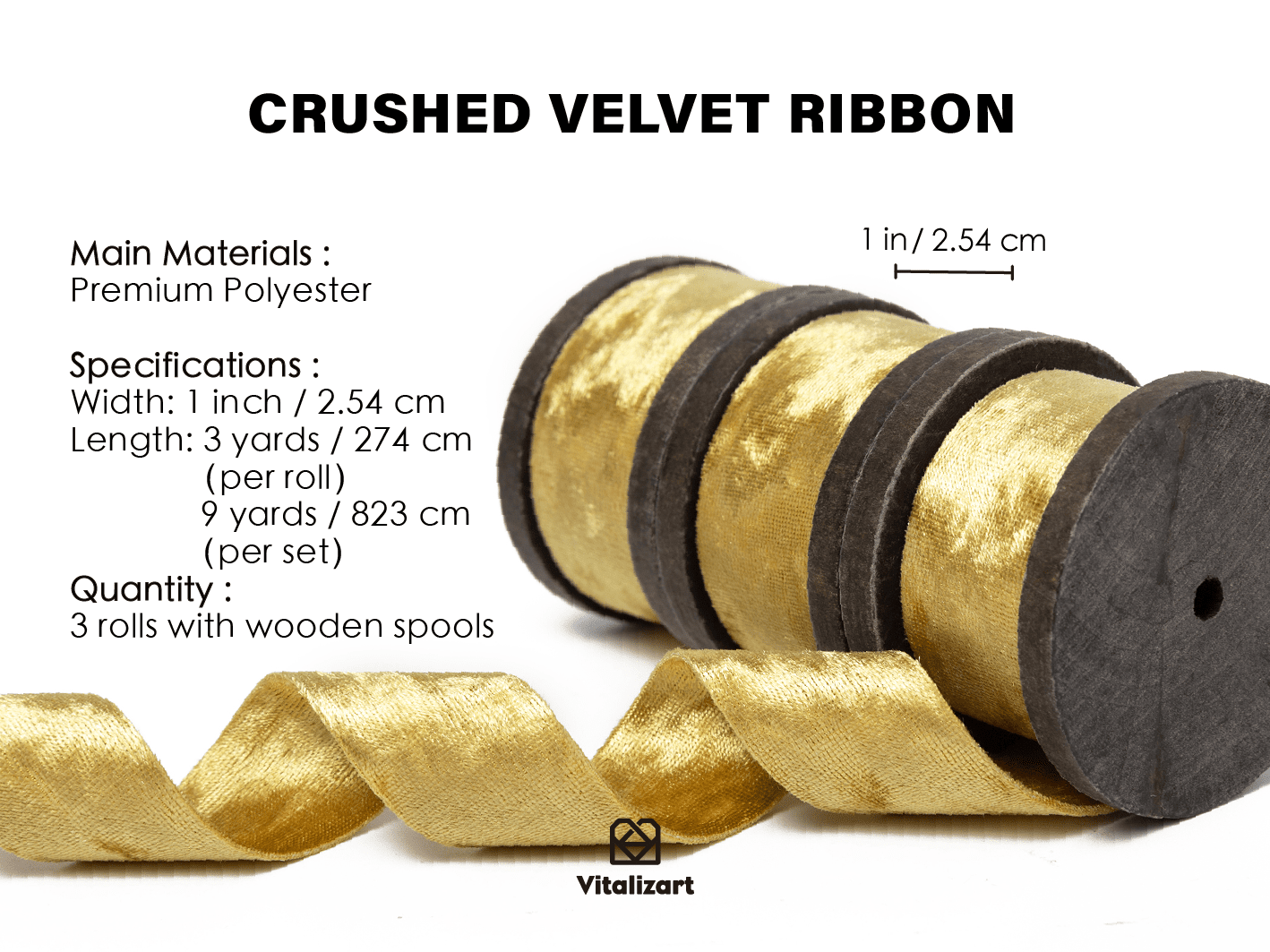 Deluxe Velvet Ribbon Set With Wooden Spool 1" x 9Yd (Gold) - Vitalizart