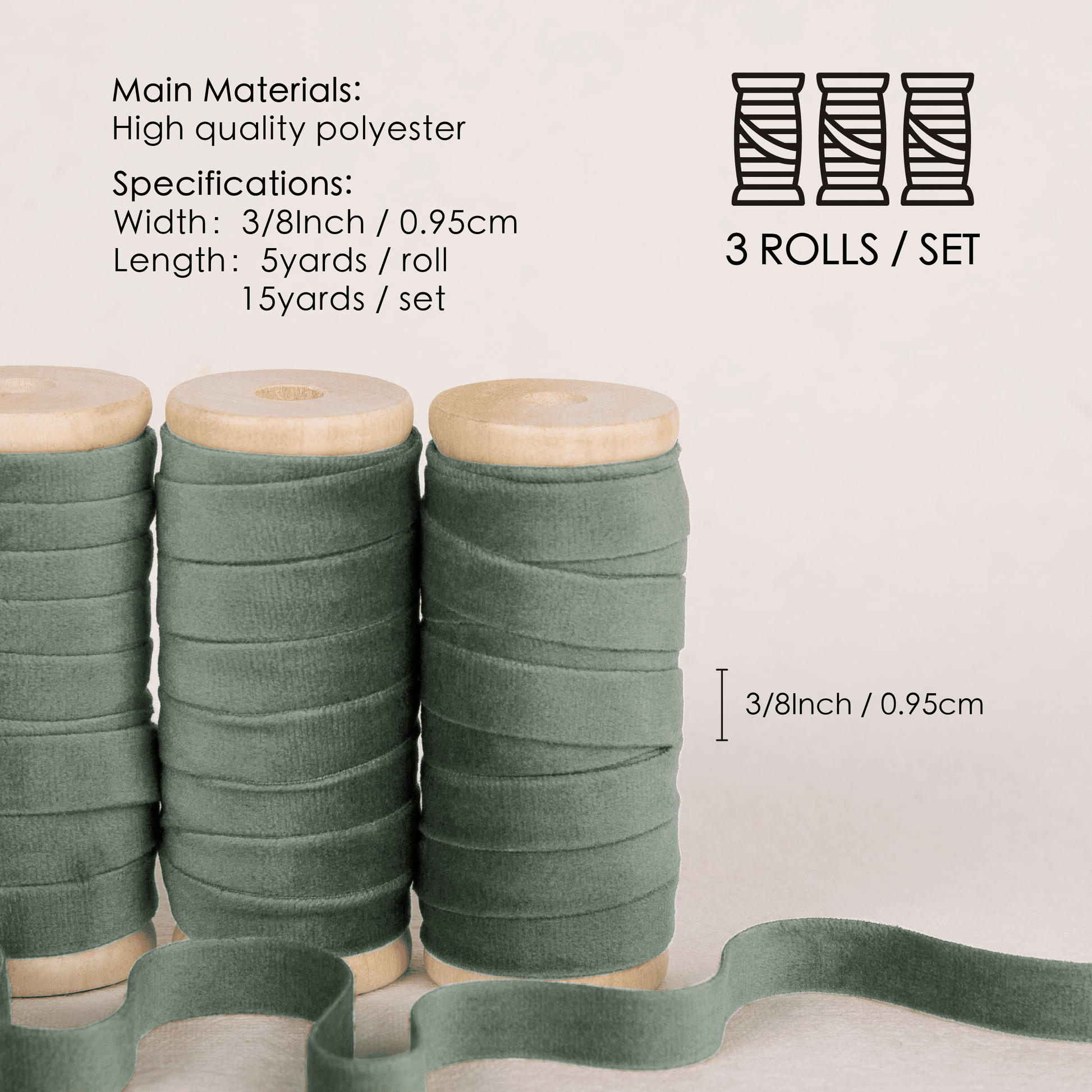 Velvet Ribbon With Wooden Spool 3/8" x 15 Yd (Dusty Green) - Vitalizart