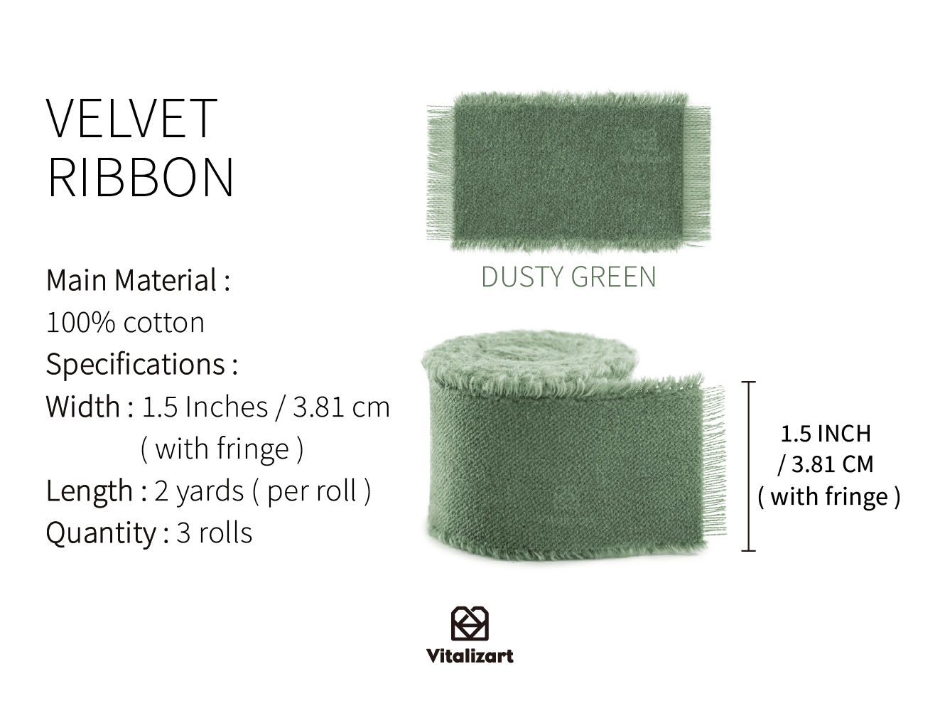 Frayed Fringe Velvet Ribbon 1.5" x 6 Yd (Dusty Green) - Vitalizart