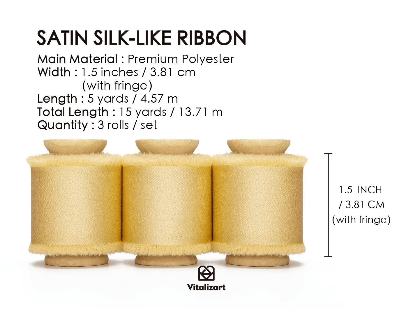 Silk Satin Ribbon with Wooden Spool 1.5” x 15 Yd (Gold) - Vitalizart