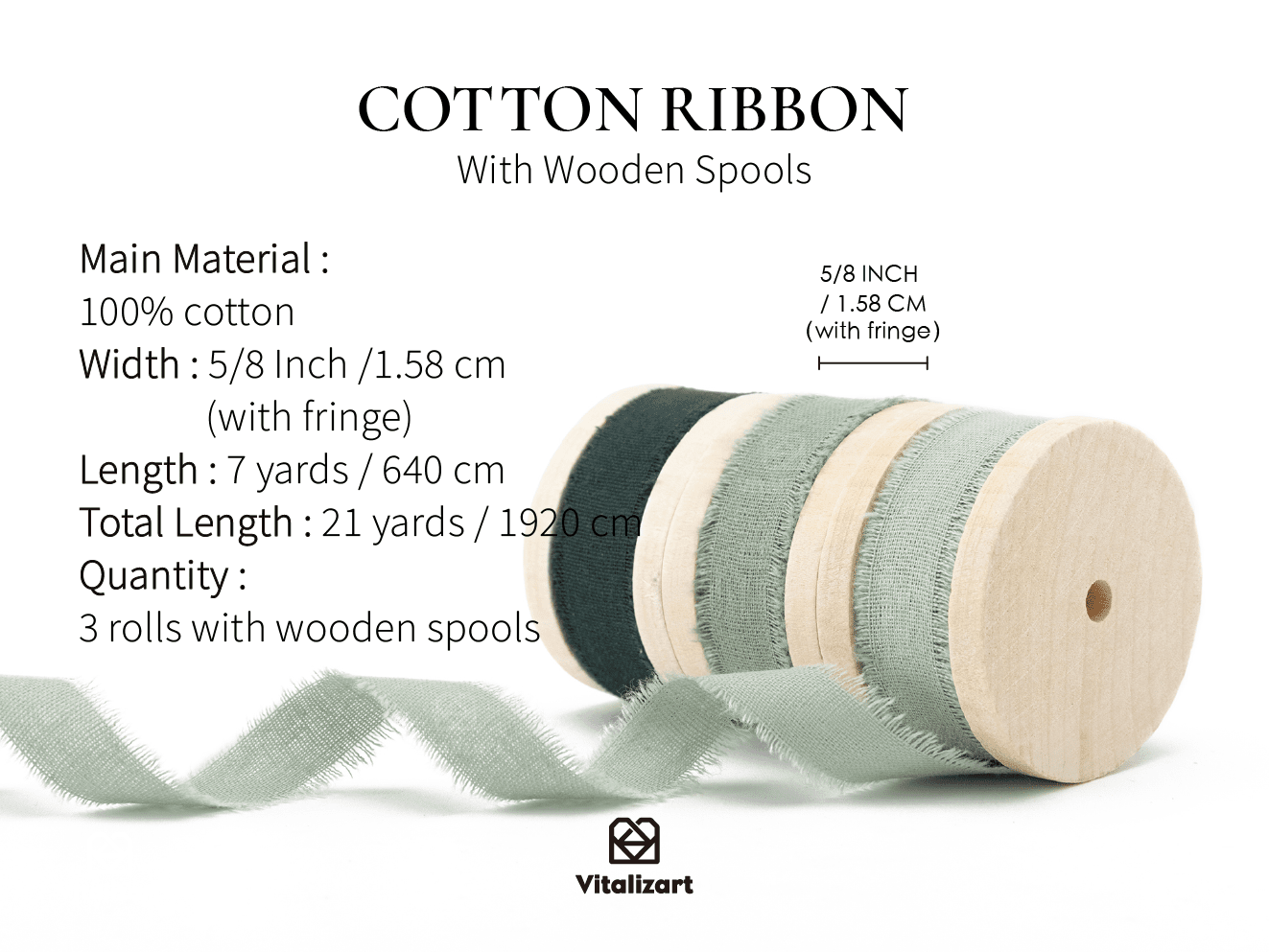 Cotton Ribbon Handmade Fringe 5/8" x 21 Yd (Green) - Vitalizart