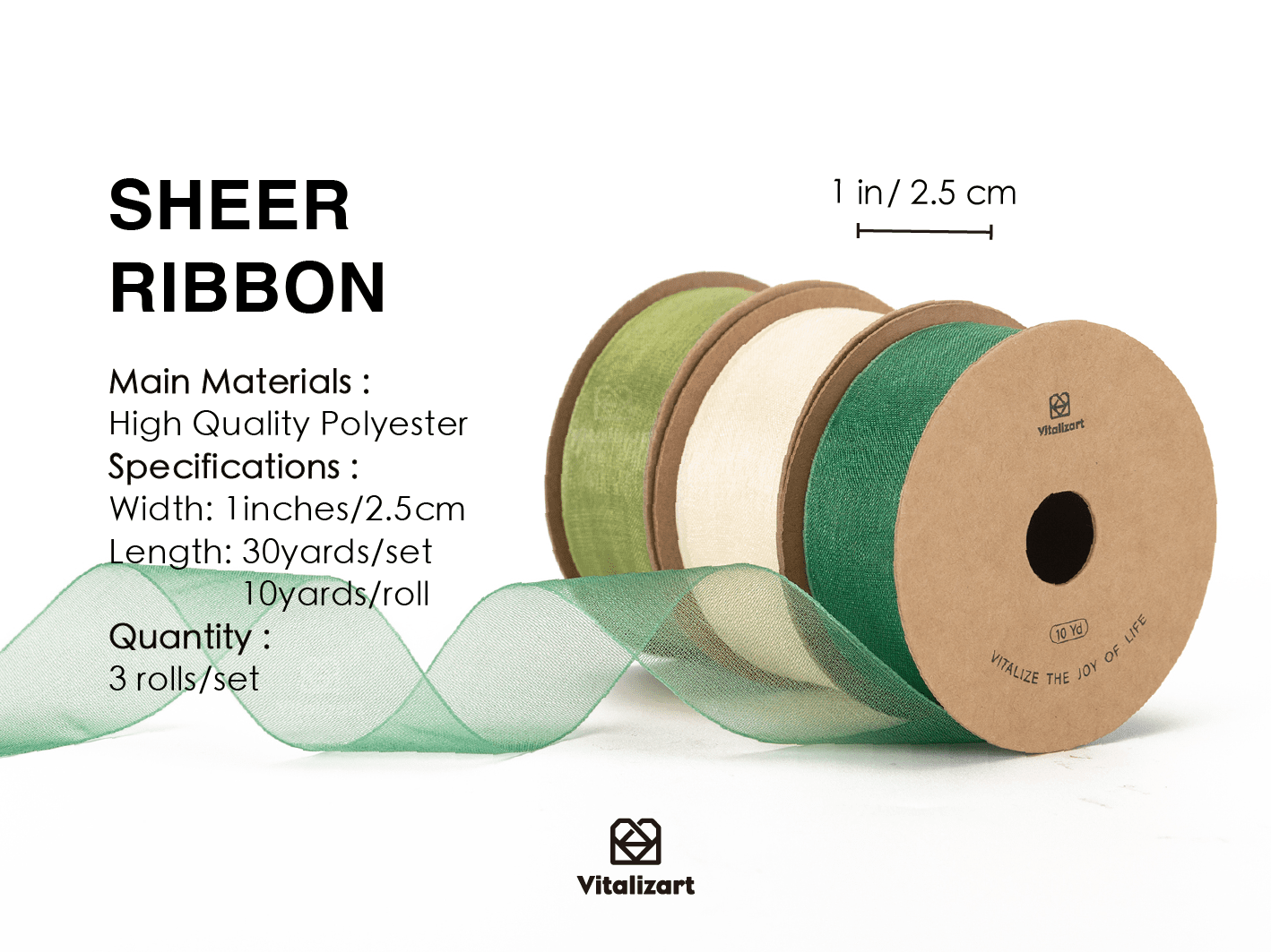 Organza Sheer Ribbon 1“ x 30 Yd (Green & Cream) - Vitalizart