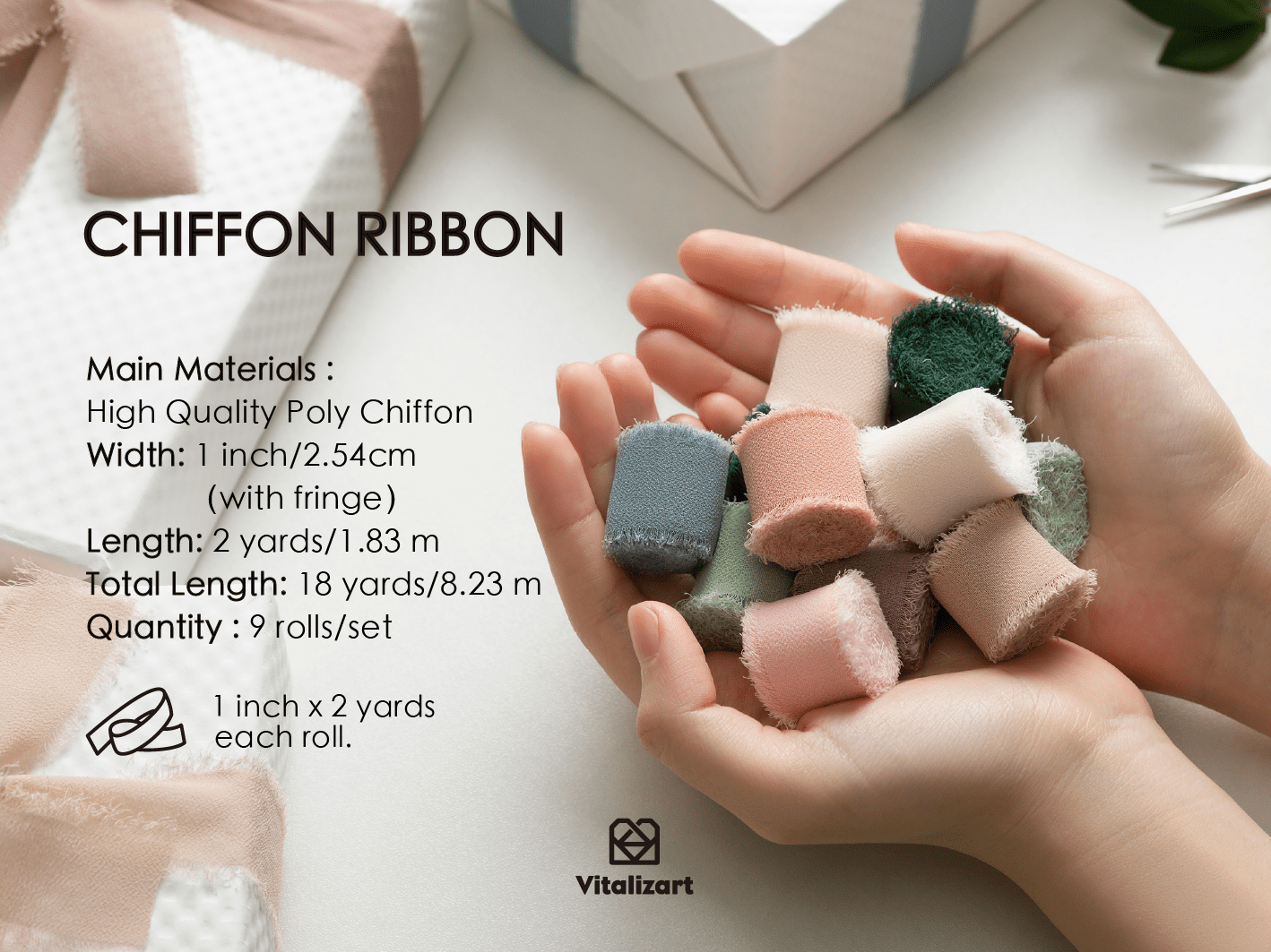 Chiffon Silk Ribbon Set 1" x 3 Yd x 9 Rolls (Mixed Color) - Vitalizart