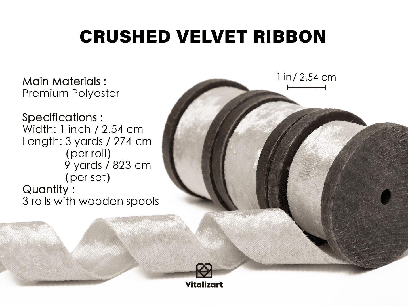Deluxe Velvet Ribbon Set With Wooden Spool 1" x 9Yd (White) - Vitalizart