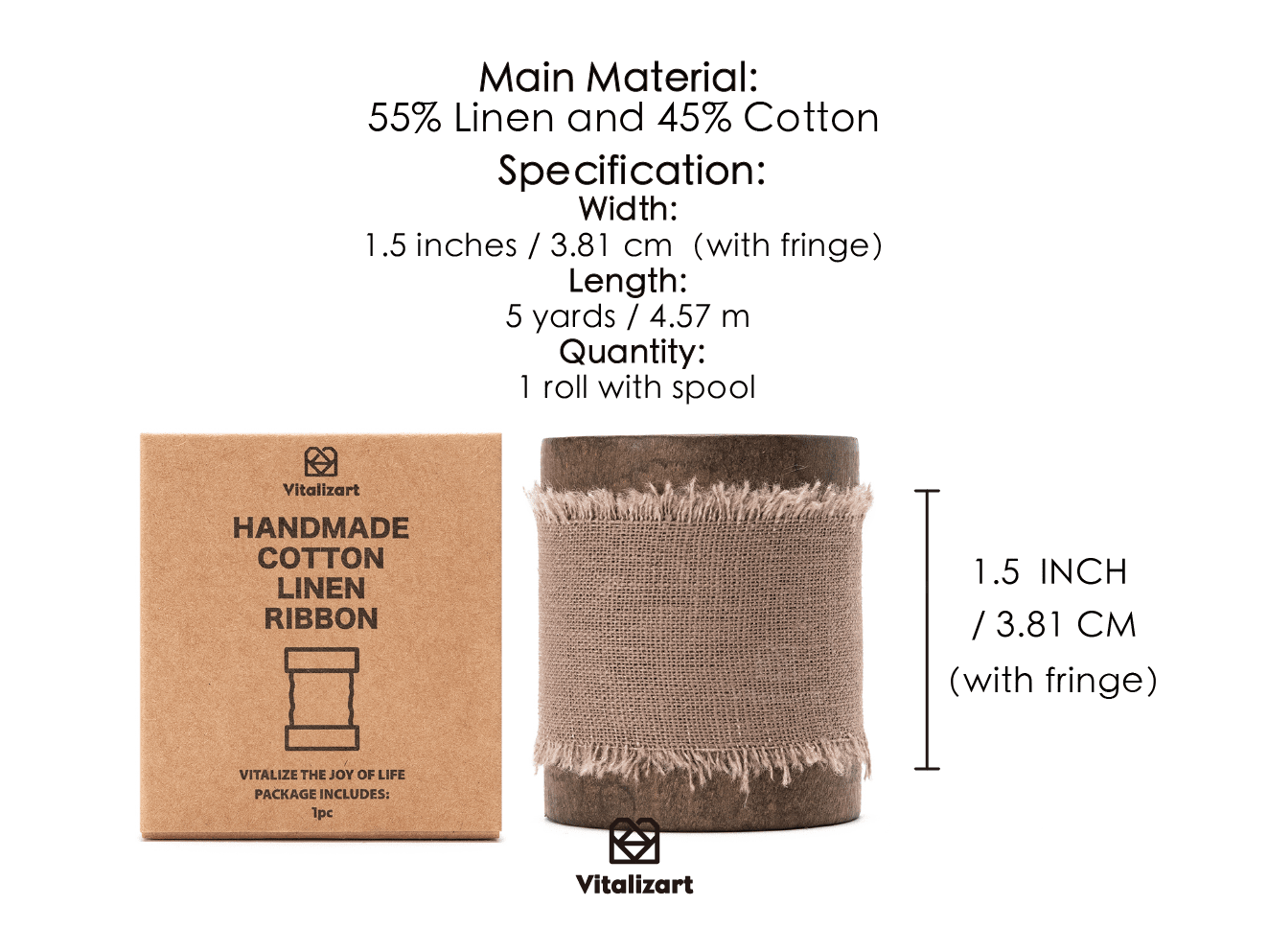 Cotton Linen Ribbon 1.5" x 5Yd (Brown) - Vitalizart
