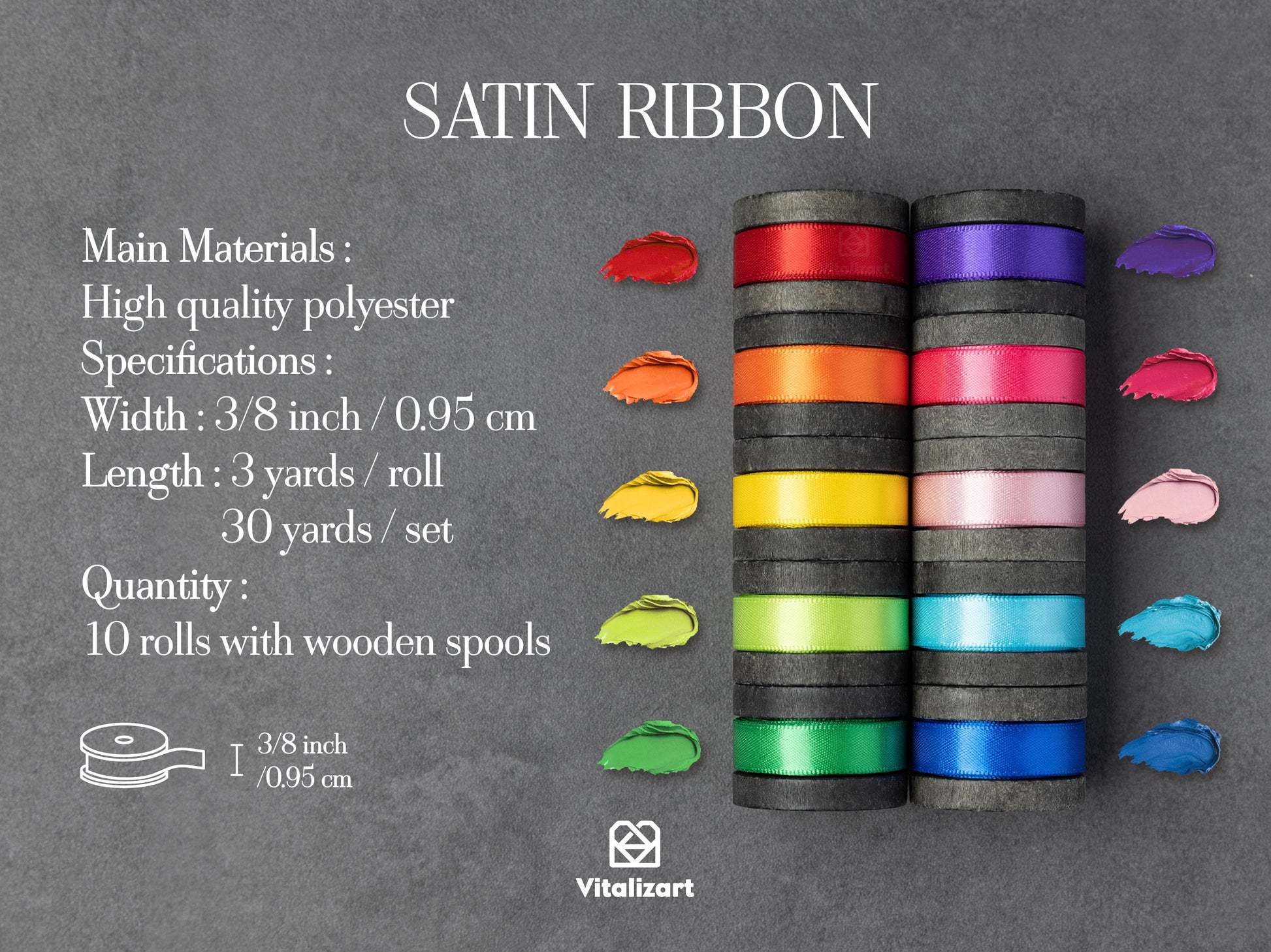 Double Faced Satin Ribbon 3/8" x 30 Yd (Rainbow Set) - Vitalizart