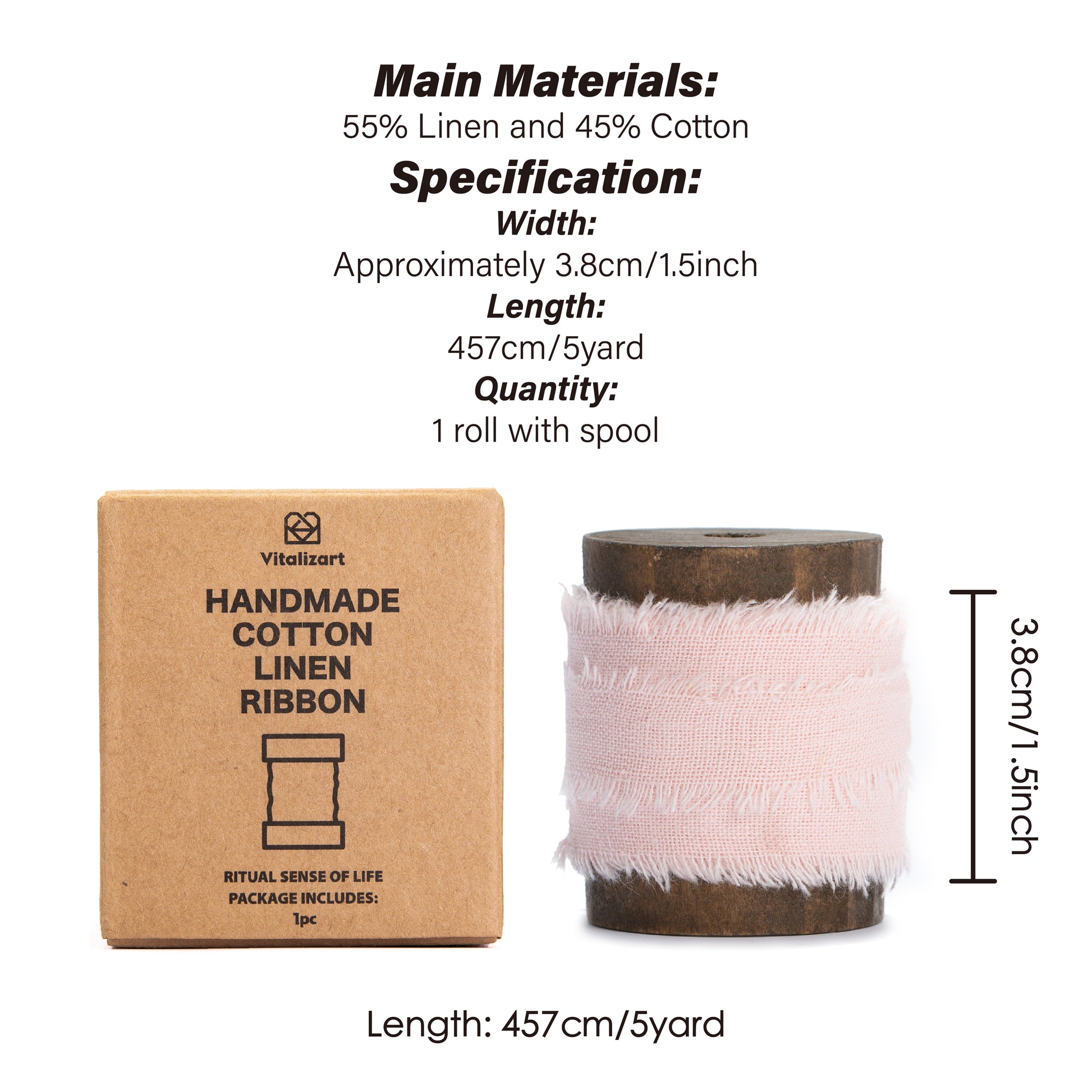 Cotton Linen Ribbon 1.5" x 5Yd (Blush Rose) - Vitalizart