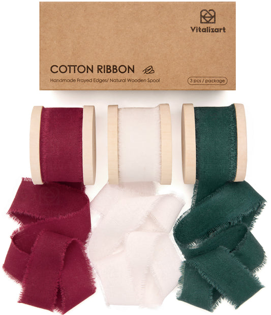 Vitalizart Ribbon Cotton Handmade Fringe 1" x 15 Yd Pure Natural Cotton Ribbons (Christmas Ribbon) - Vitalizart