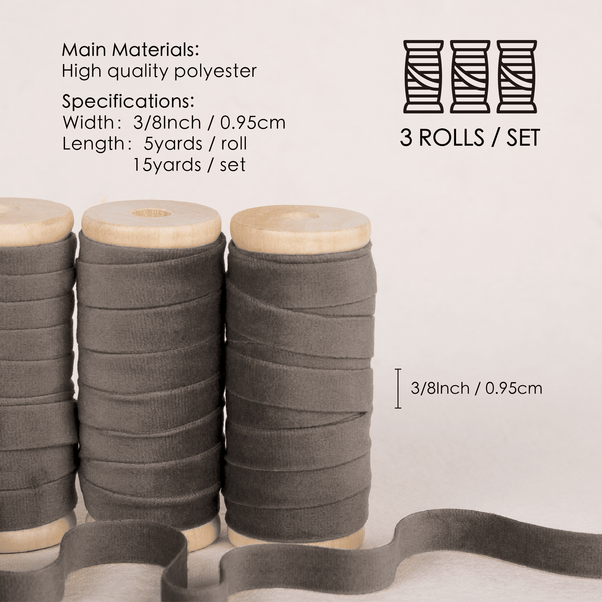 Velvet Ribbon With Wooden Spool 3/8" x 15 Yd (Gray) - Vitalizart