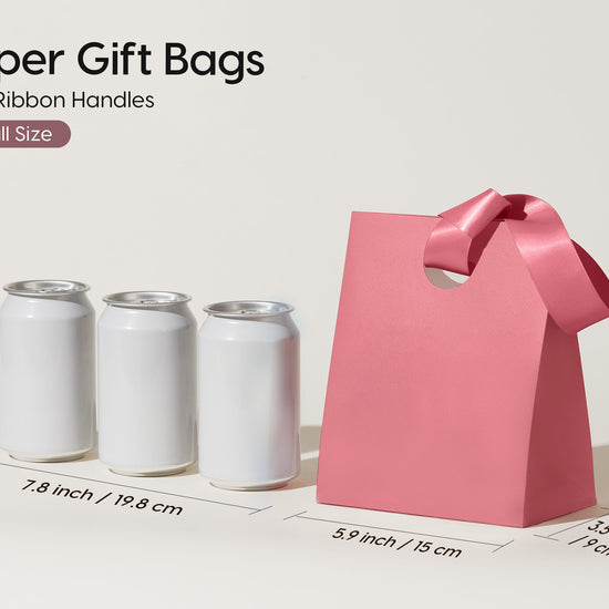 VITALIZART PAPER GIFT BAGS WITH RIBBON HANDLES SET OF 10 RED BULK REUSABLE FOR GIFT WRAP 5.91"X3.54"X7.28" SMALL (PINK COLOR) - Vitalizart