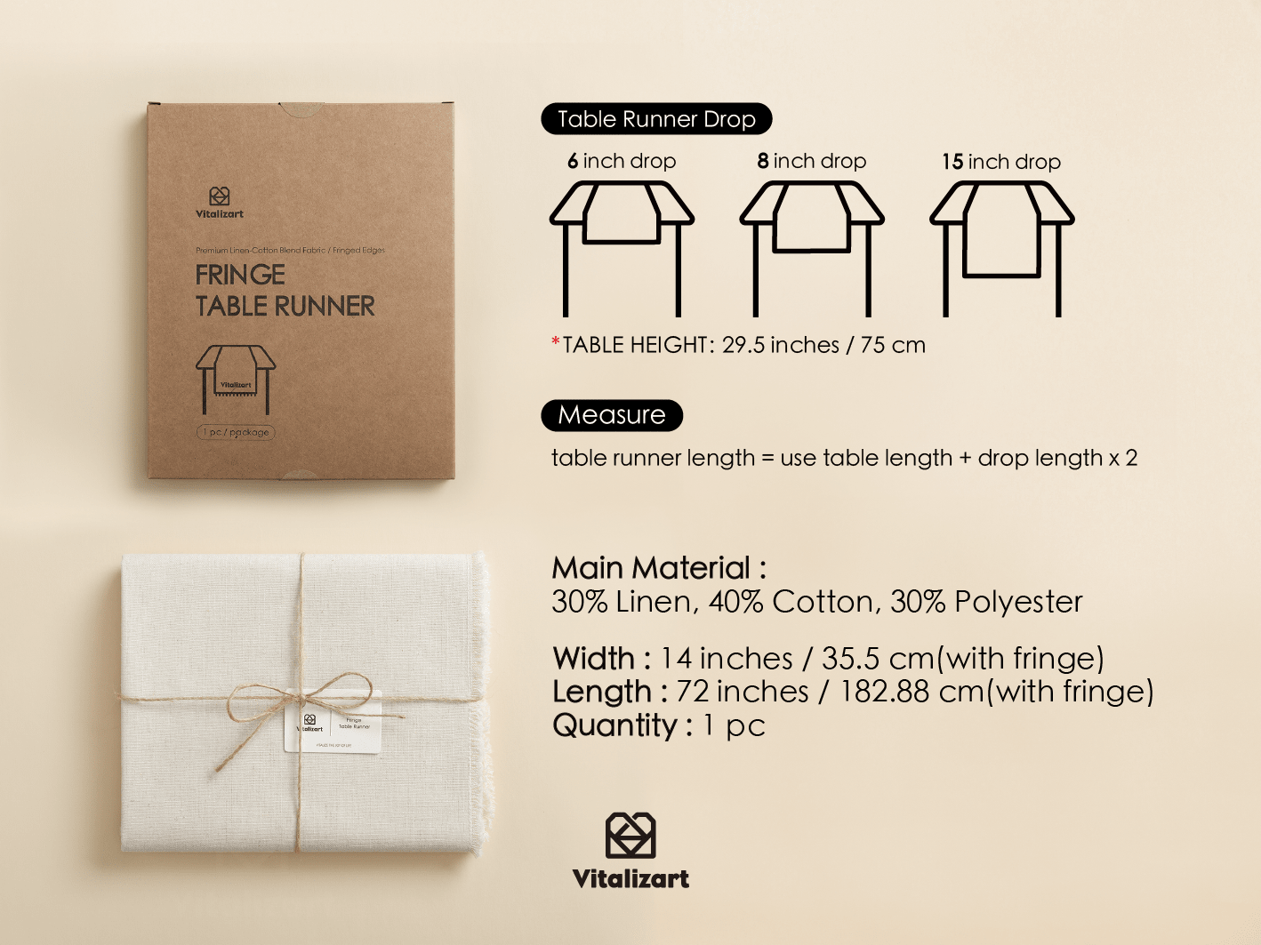 Cotton Linen Table Runner 14 x 72 Inches (Ivory) - Vitalizart