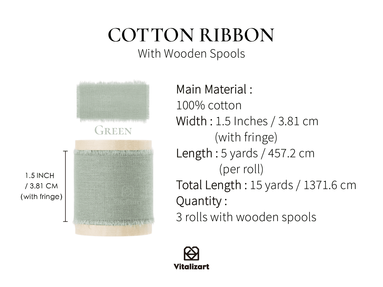 Cotton Ribbon Handmade Fringe 1.5" x 15 Yd (Dusty Green) - Vitalizart