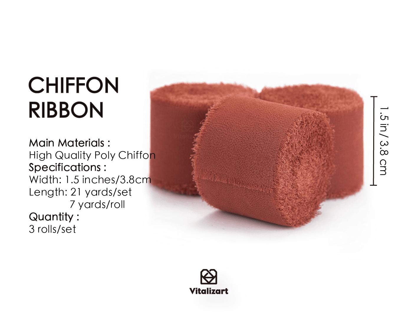 Fringe Chiffon Silk Ribbon 1.5" x 21Yd (Rust Red) - Vitalizart