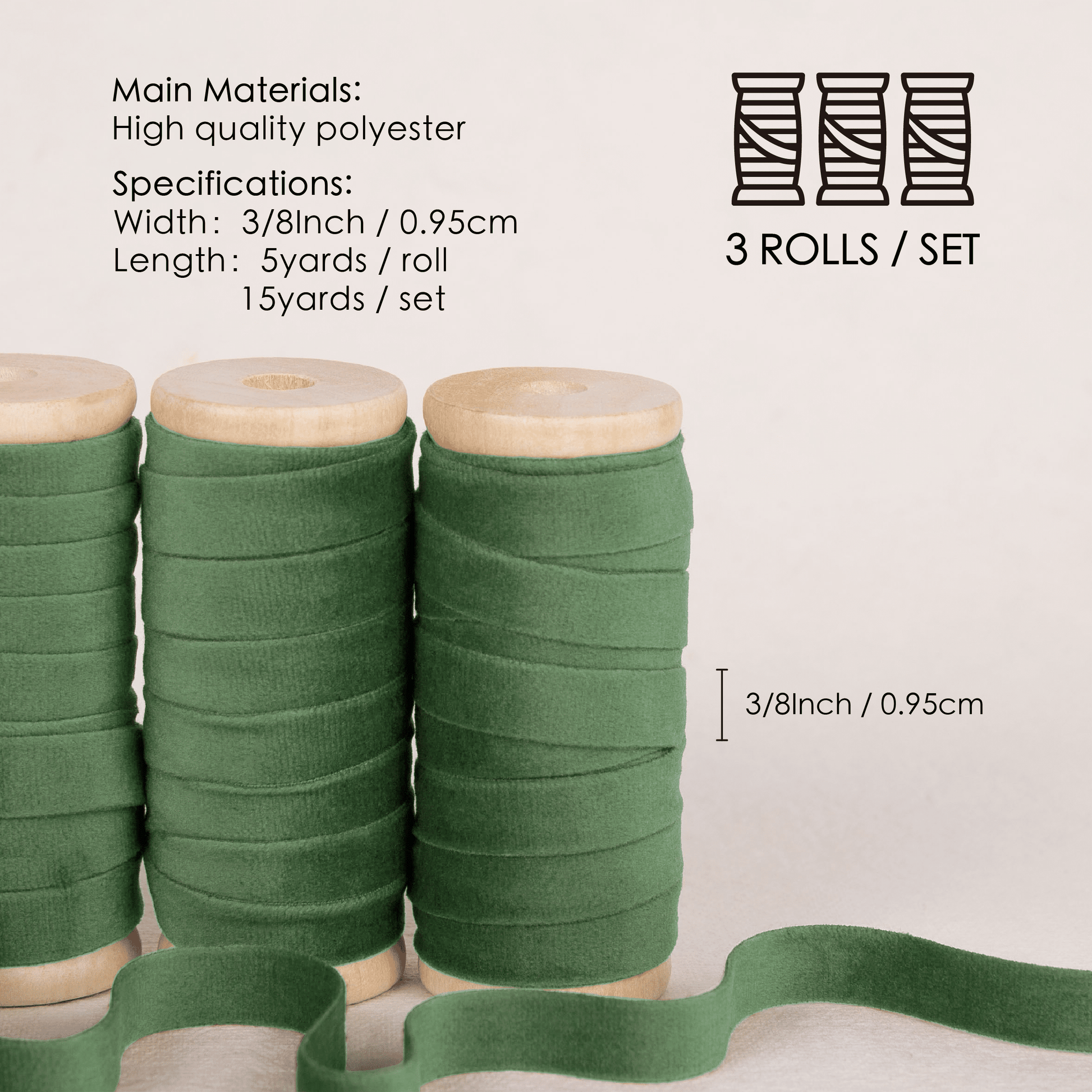 Velvet Ribbon With Wooden Spool 3/8" x 15 Yd (Green) - Vitalizart