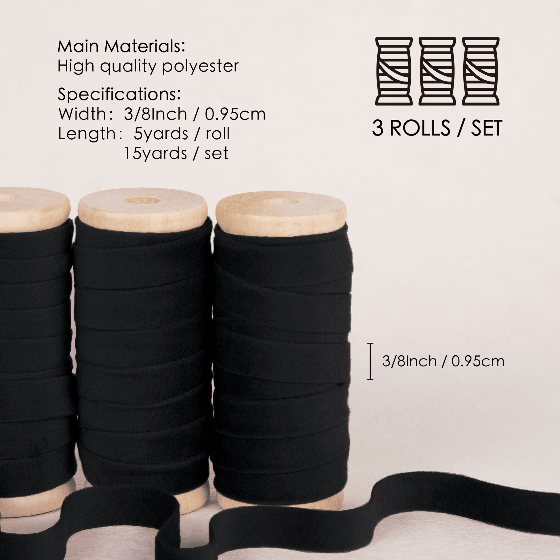 Velvet Ribbon With Wooden Spool 3/8" x 15 Yd (Black) - Vitalizart