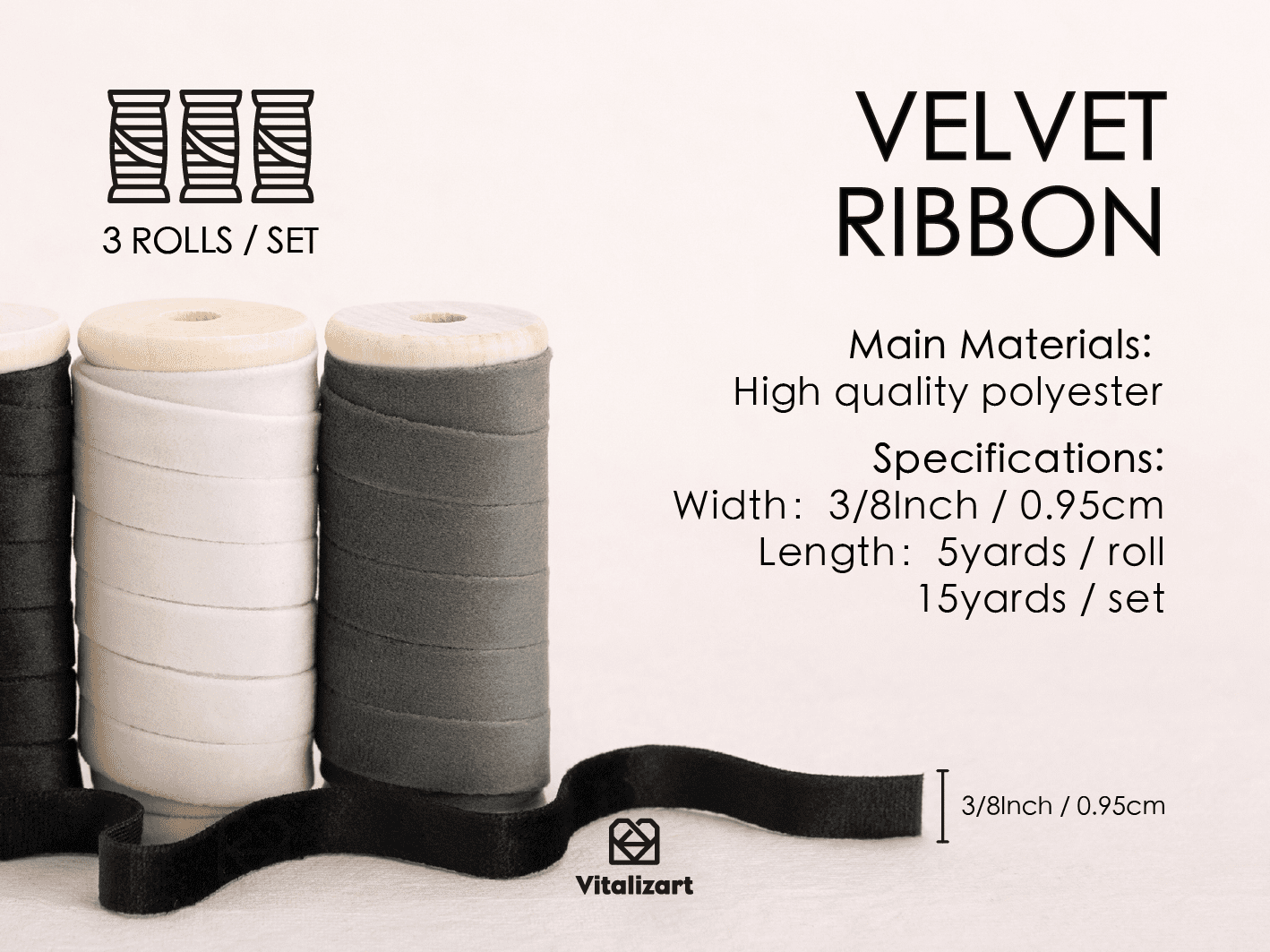Velvet Ribbon With Wooden Spool 3/8" x 15 Yd (Black Gray & White) - Vitalizart